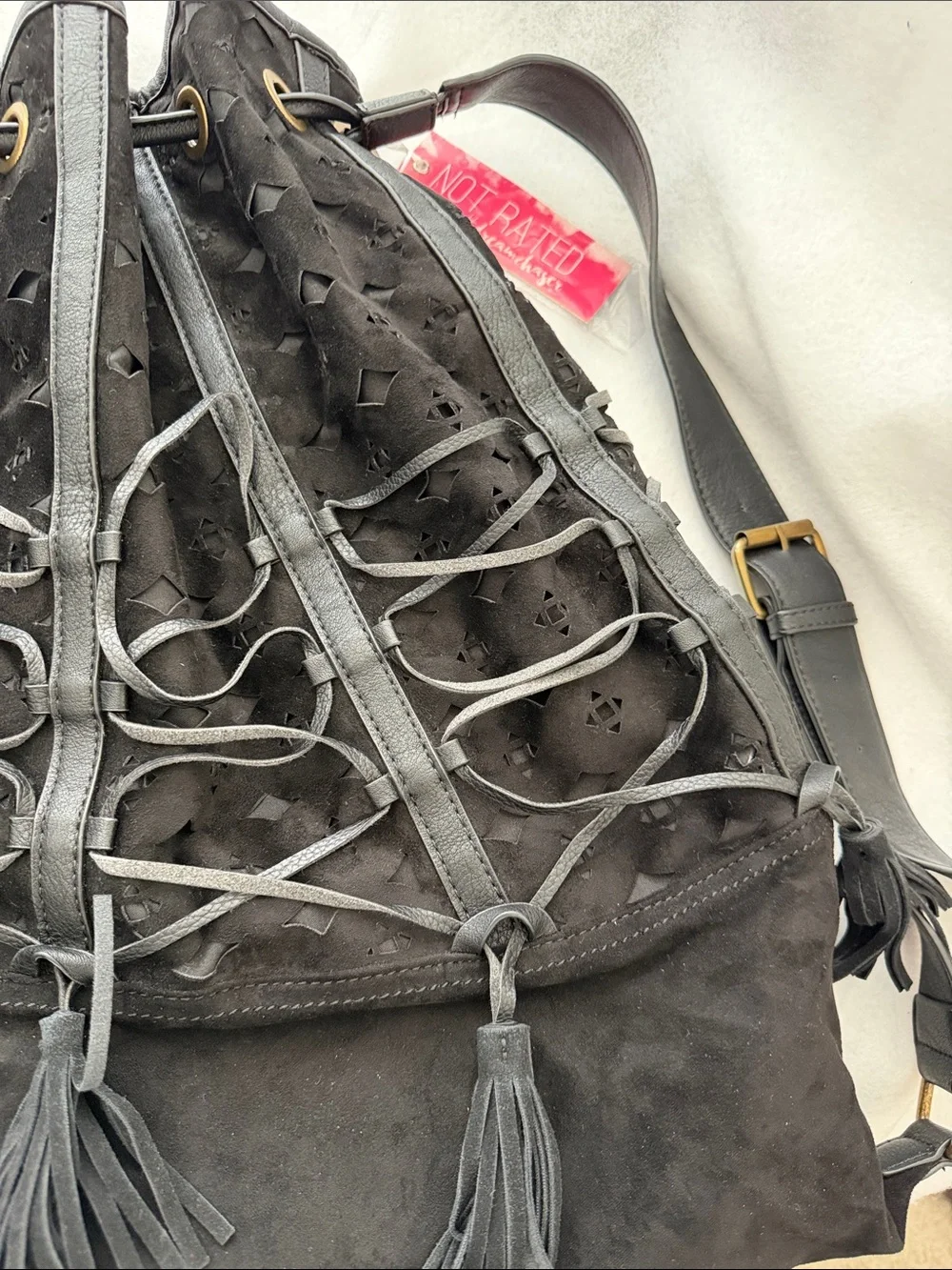 Not Rated Blaire Black Faux Suede Bucket Bag with Lace-Up Detail